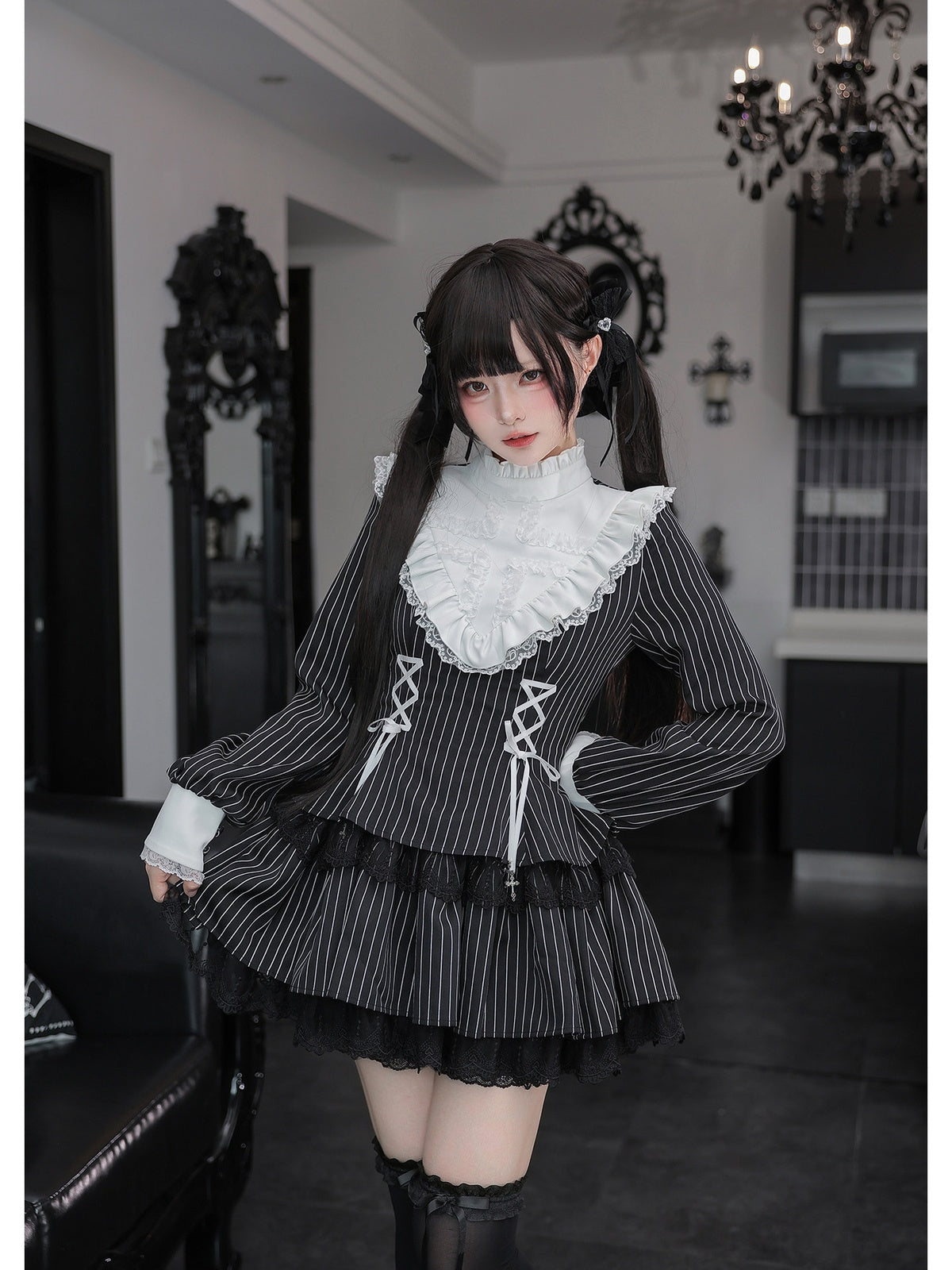 Striped Sweet Lolita Ruffle Dress Set with Slim Panel Cut
