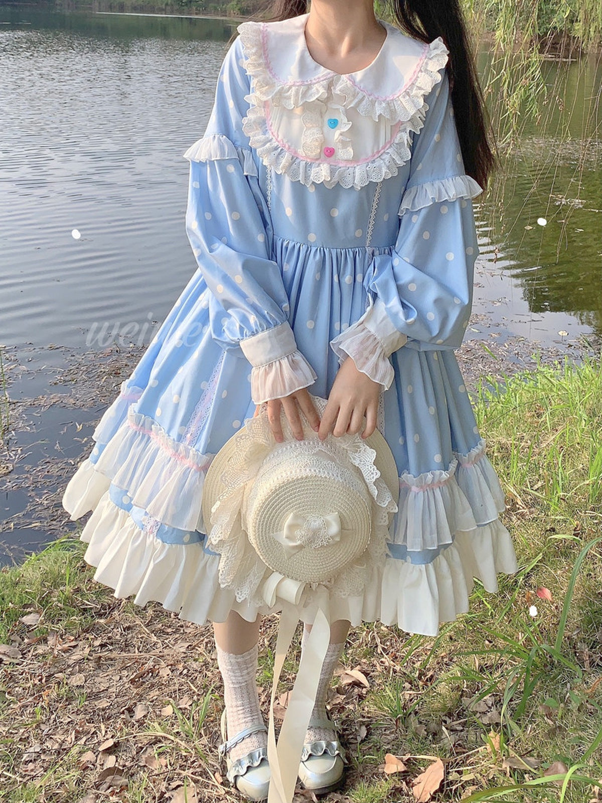 Blue & White Polka Dot Sweet Lolita OP Long Sleeve Dress