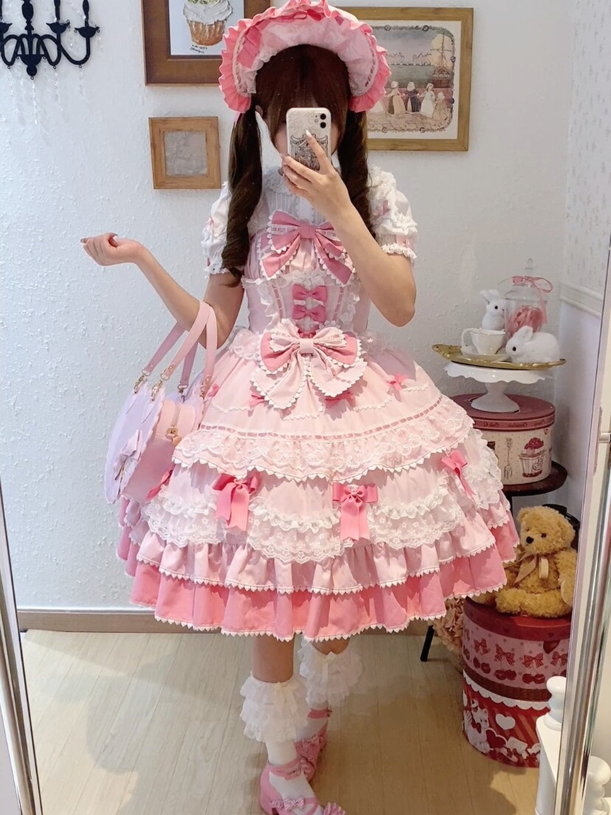 Sweet Pink Lolita JSK Dress Set with Bonnet | Cute Gown