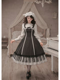 Black Print Lolita JSK Dress with Adjustable Straps & Ruffle Hem