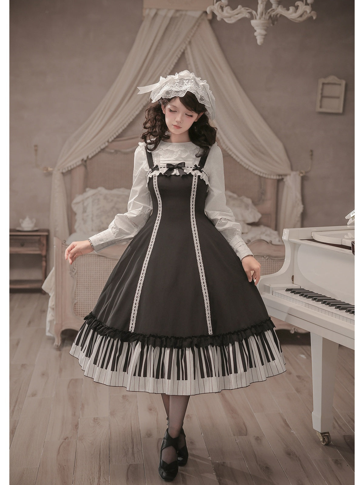 Black Print Lolita JSK Dress with Adjustable Straps & Ruffle Hem