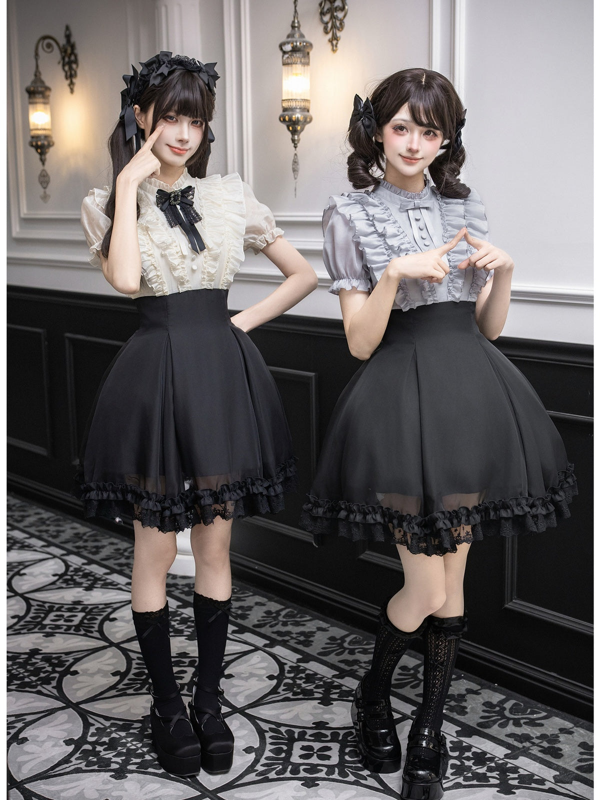 Black Off-White Color Block Lolita Short Dress with Rhinestone Necktie