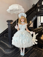 Blue Light Wedding Lolita JSK Dress with Hat & Necklace