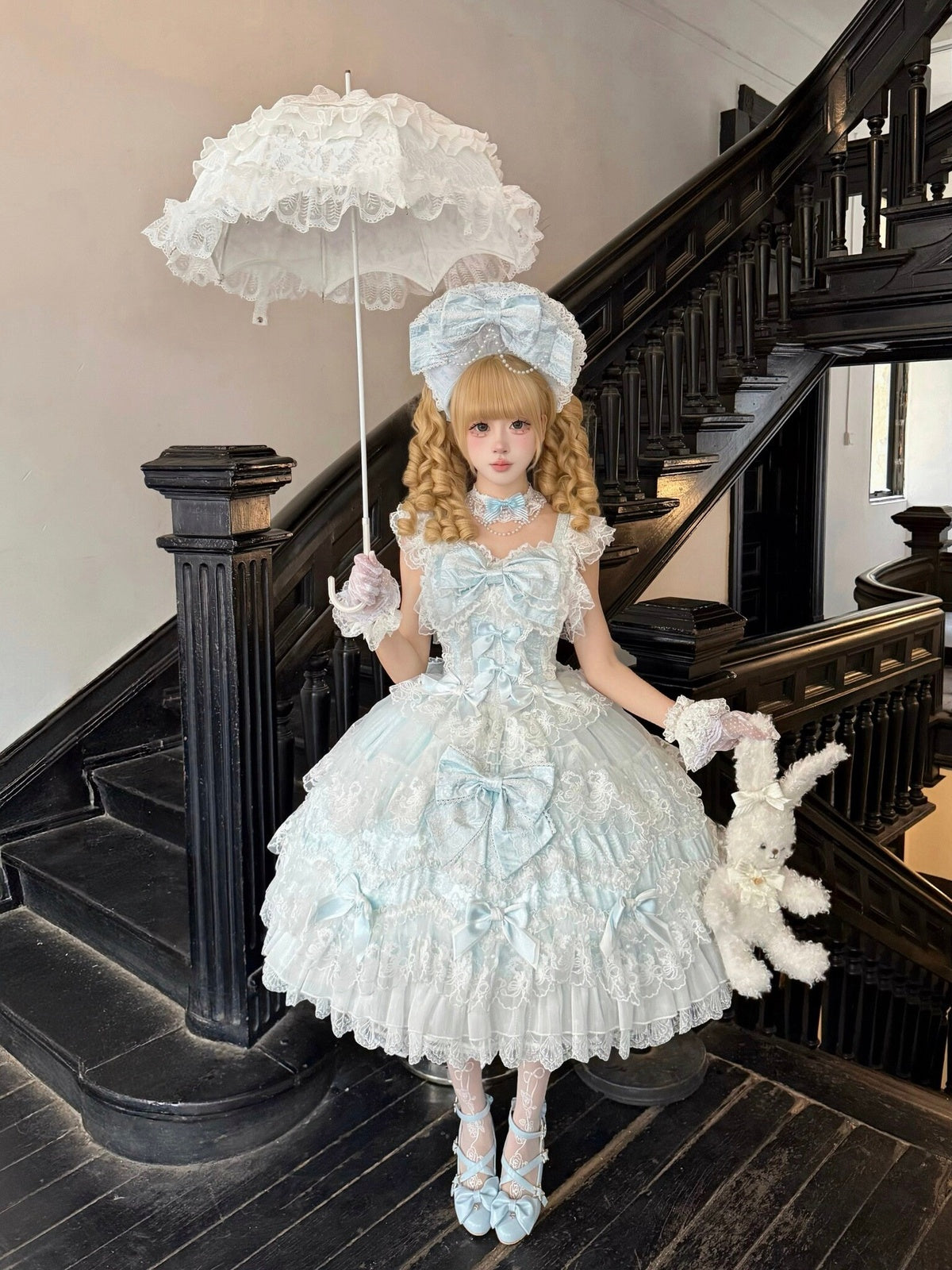 Blue Light Wedding Lolita JSK Dress with Hat & Necklace
