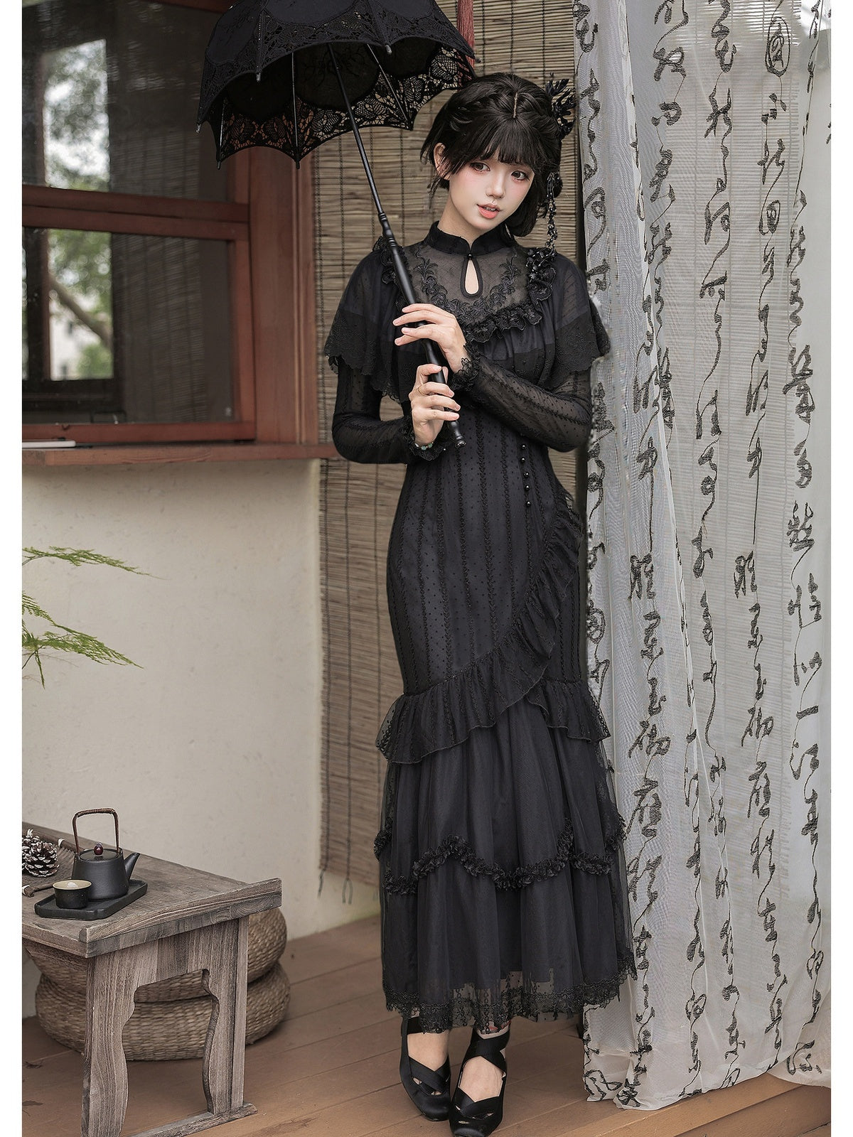 Black Embroidered Mermaid Cheongsam Lolita Set with Choker