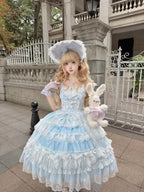 Blue Light Wedding Lolita JSK Dress with BNT Hat & Back Bow