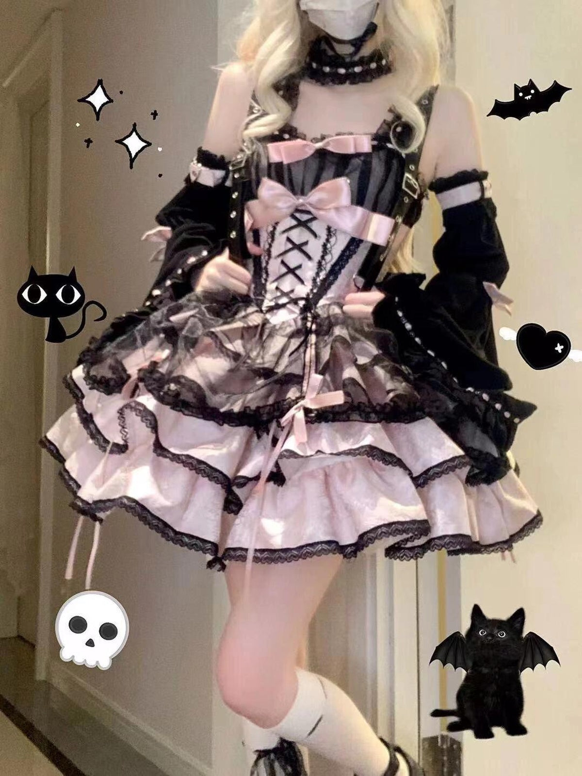 Black & Pink Gothic Lolita JSK Dress: Princess Ballet Gown Set