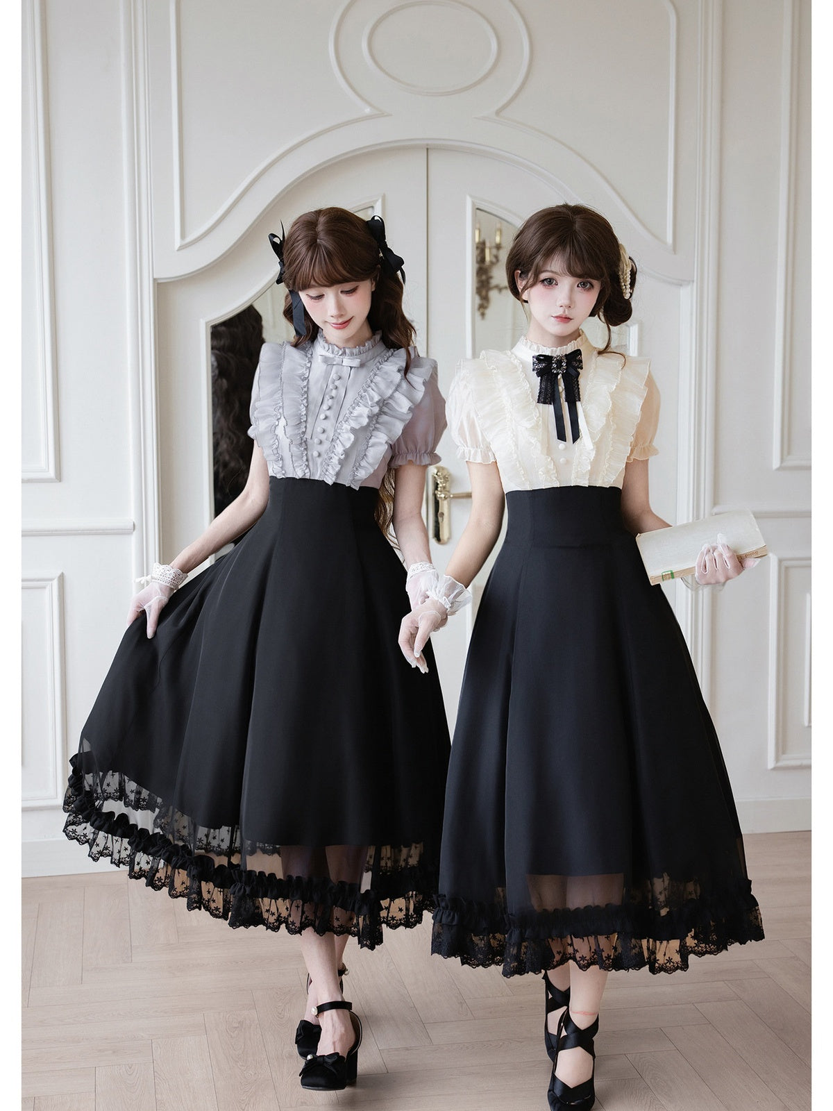 Black Off-White Color Block Lolita Long Dress with Rhinestone Necktie