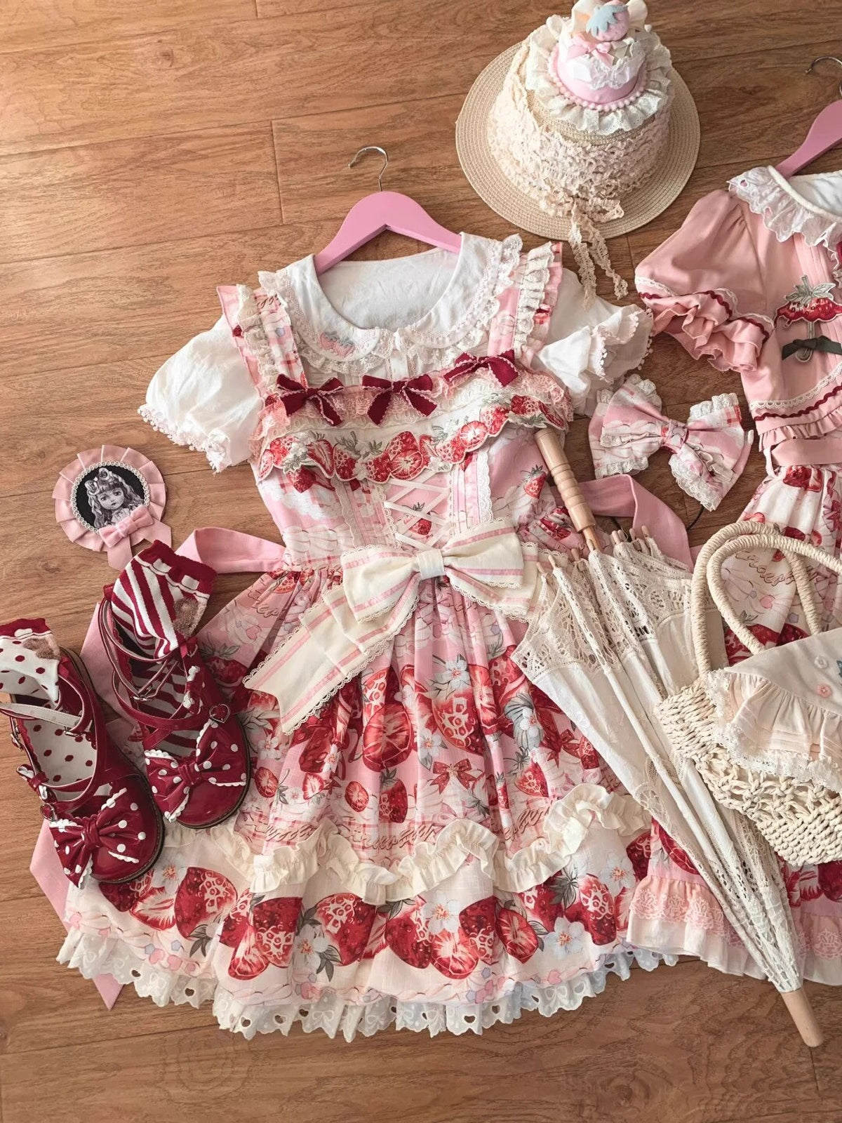 Sweet Strawberry Lolita JSK Dress Set with Blouse & Headband