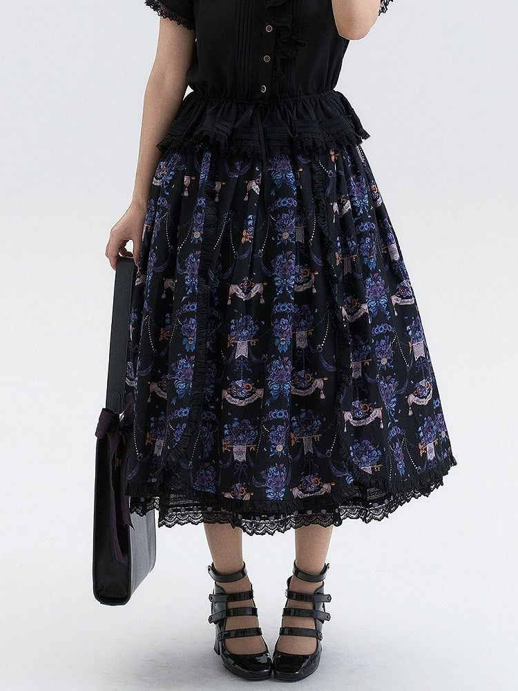 Black Purple Pansy Print Elegant Lolita Skirt | CoyBunny