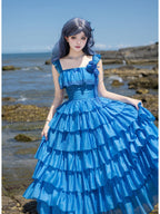 Blue Square Neck Lolita Dress Set with Seven-Tier Ruffles