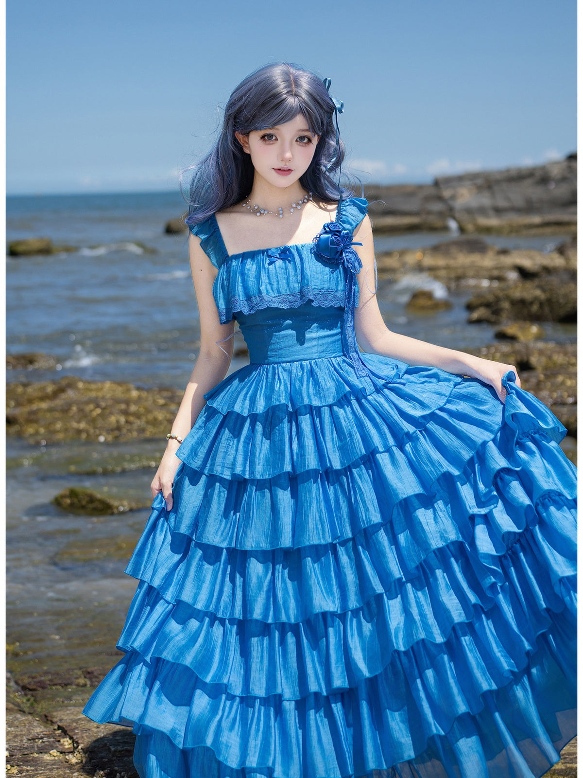 Blue Square Neck Lolita Dress Set with Seven-Tier Ruffles