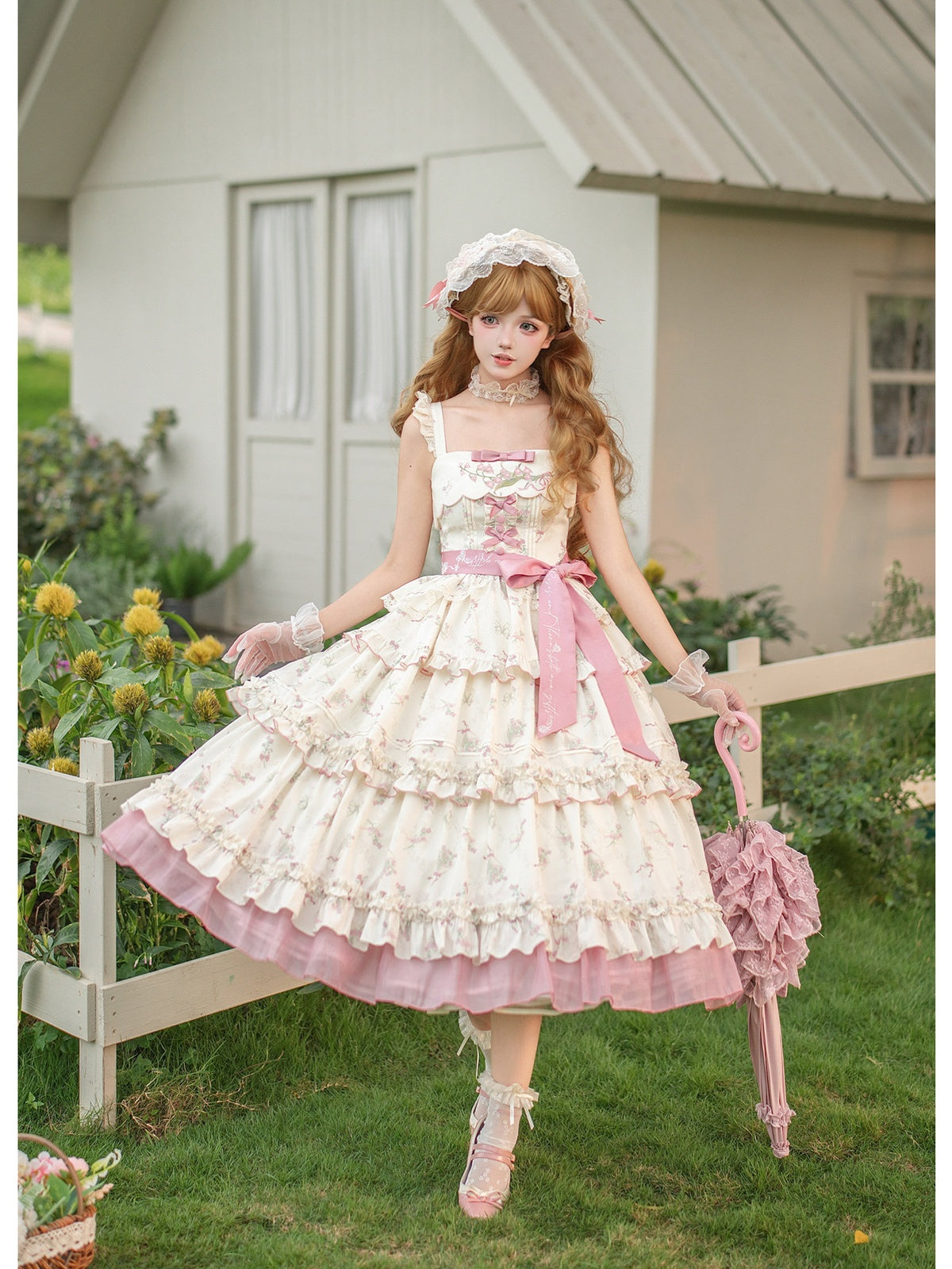 Embroidered Lolita JSK Set with Pink Flat Hat & Belt