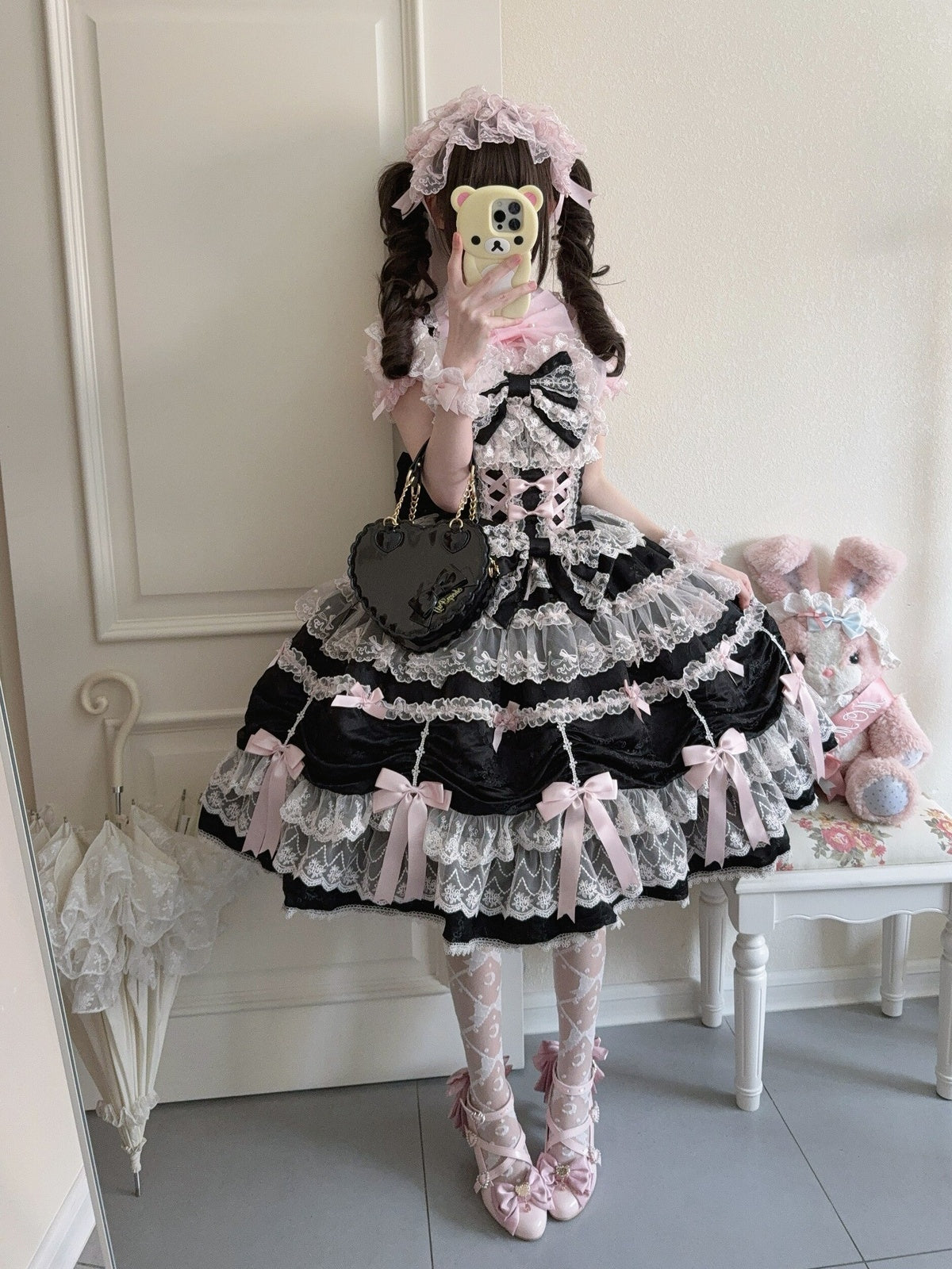 Black & Pink Doll JSK Lolita Dress with Back Bow & Headband