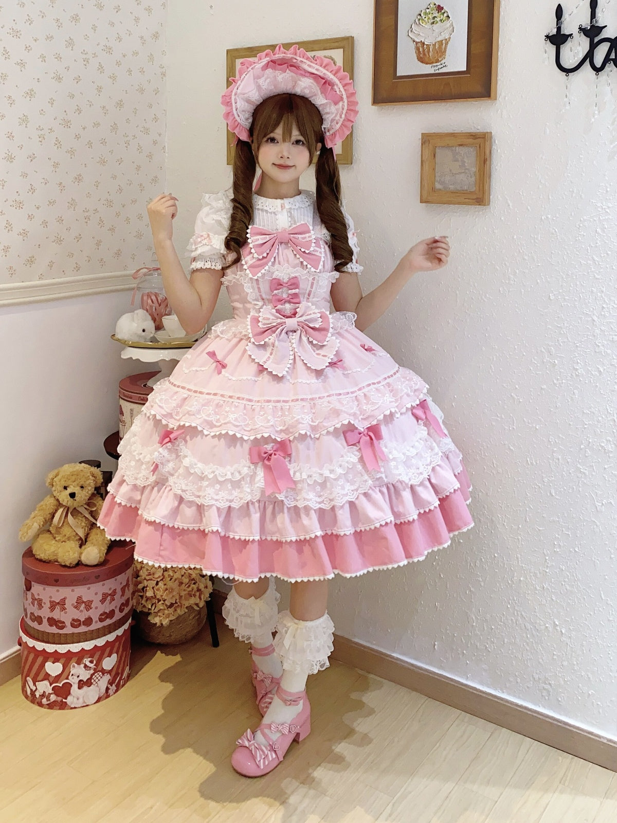 Sweet Pink Lolita JSK Dress Set with Bonnet | Cute Gown