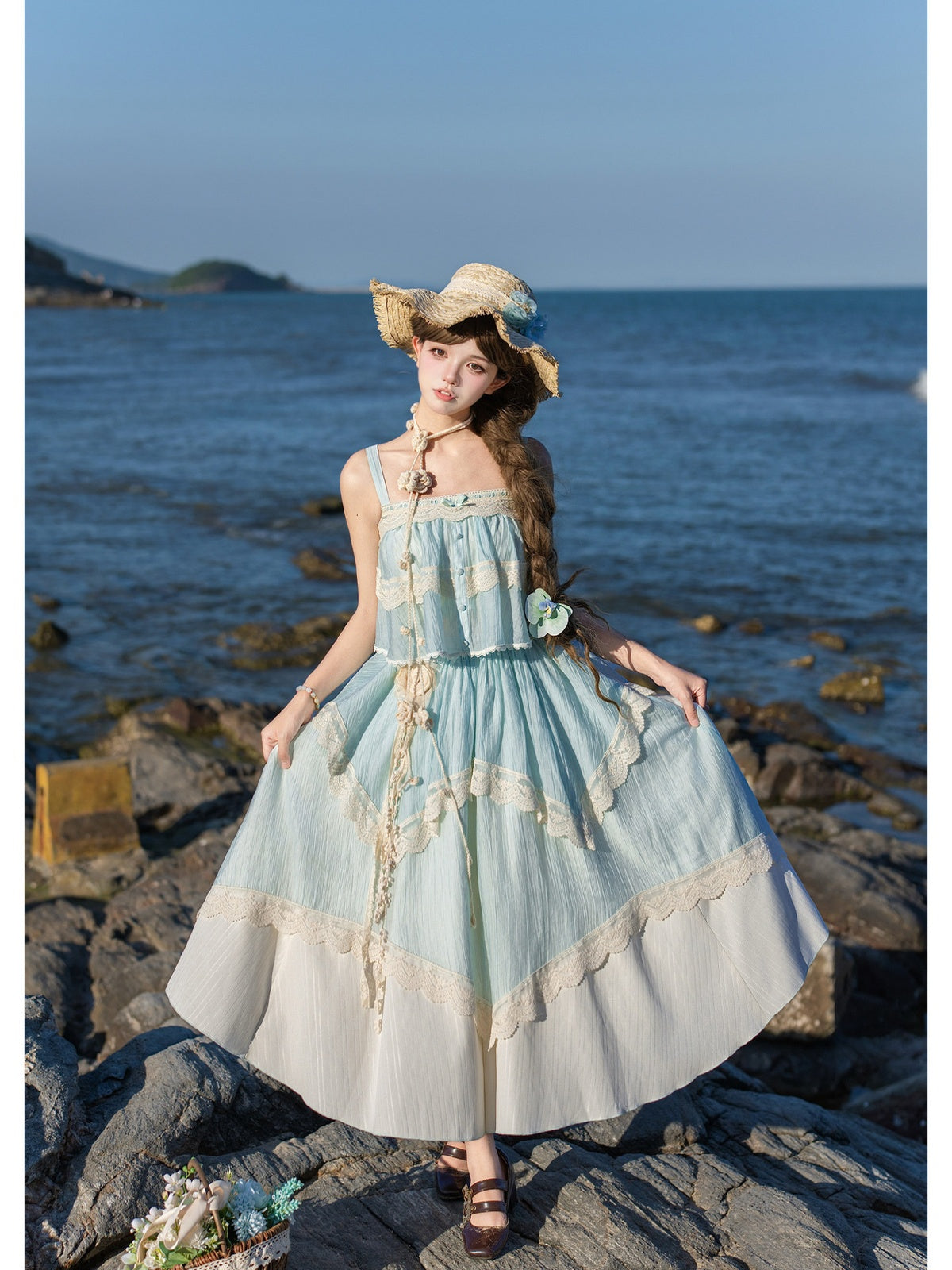 Blue Green Lolita Camisole Top & Asymmetrical Skirt Set