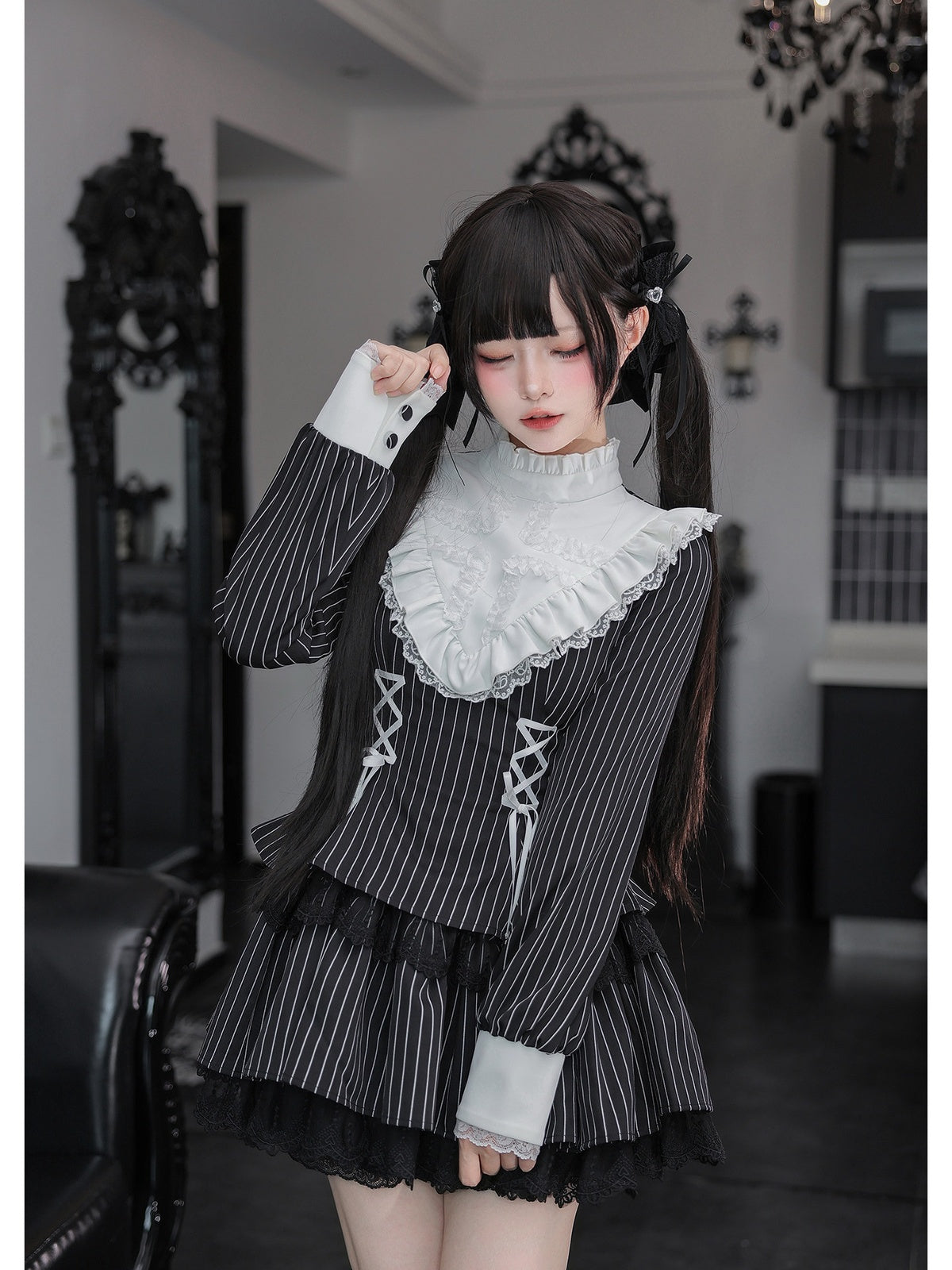Striped Sweet Lolita Ruffle Dress Set with Slim Panel Cut