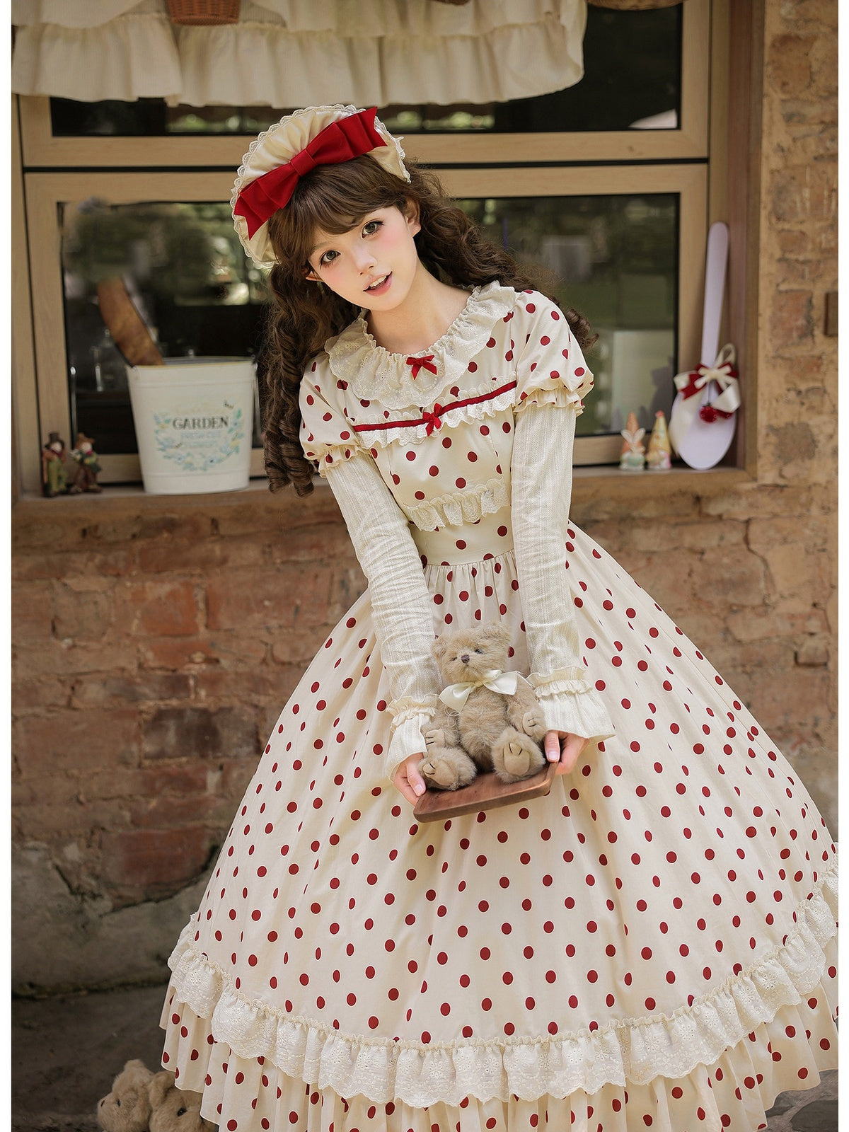 Long Doll Lolita Cotton Print OP Set with Apron & BNT