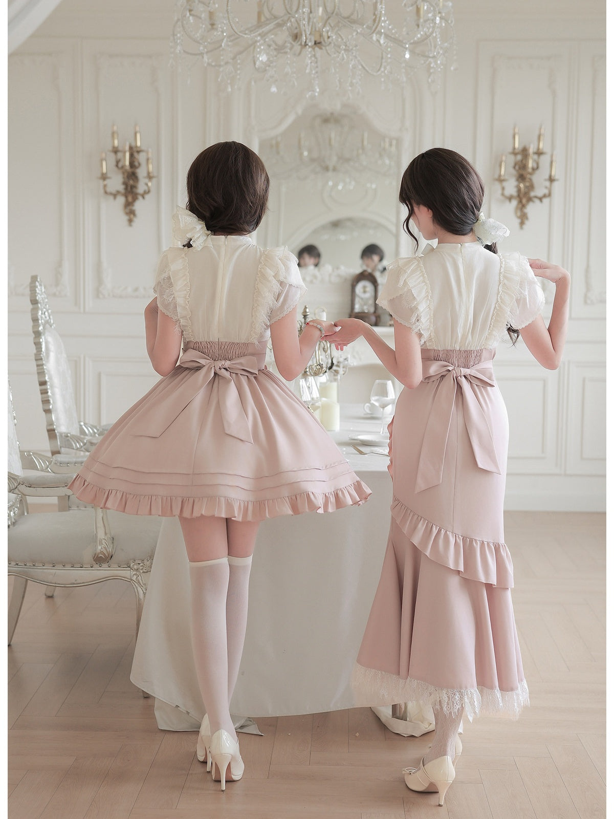 Short Color Block Lolita Dress with Waist Boning & Ruffles