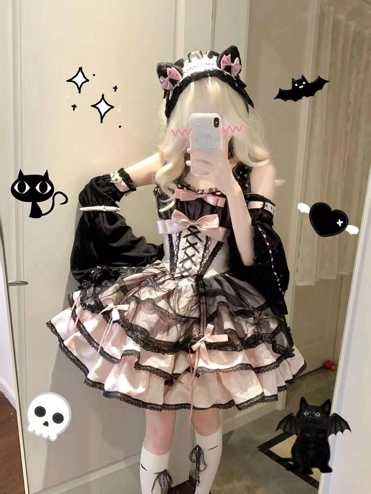 Black & Pink Gothic Lolita JSK Dress: Princess Ballet Gown Set