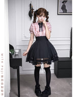 Black Pink Color Block Lolita Short Dress with Rhinestone Necktie