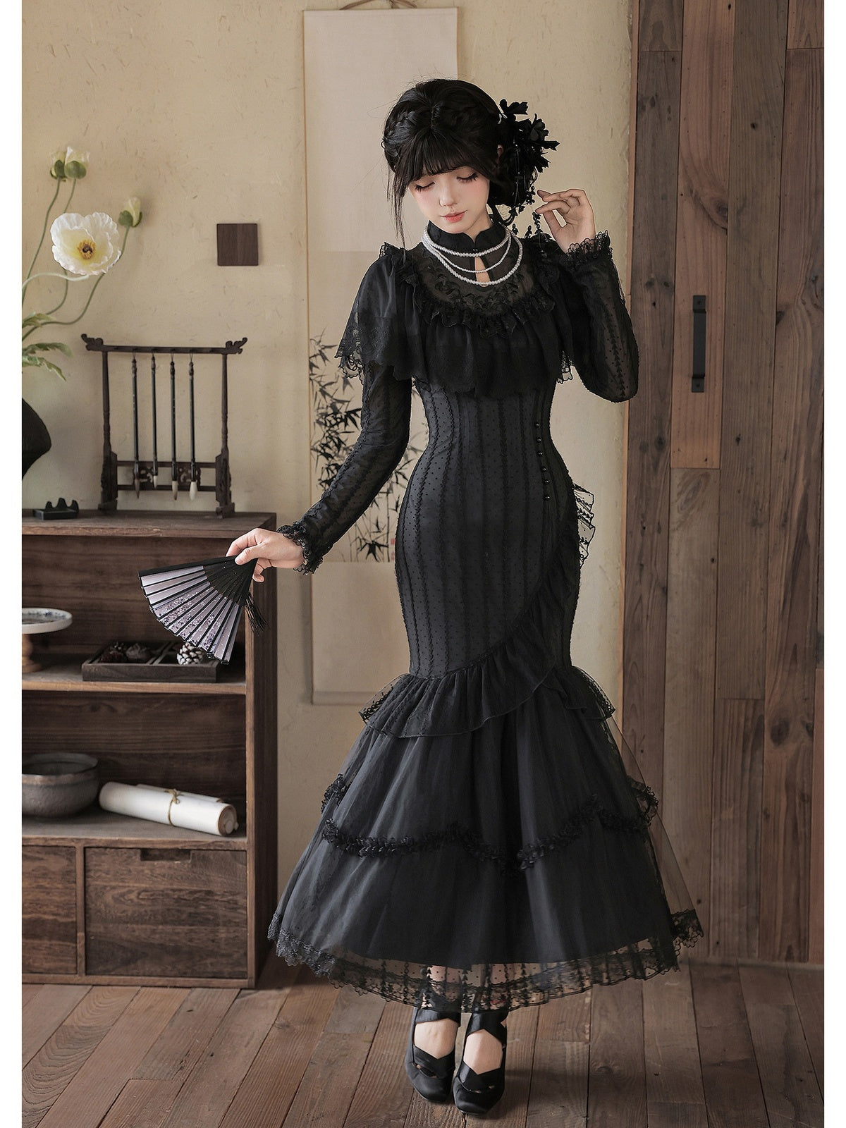 Black Embroidered Mermaid Cheongsam Lolita Set with Choker
