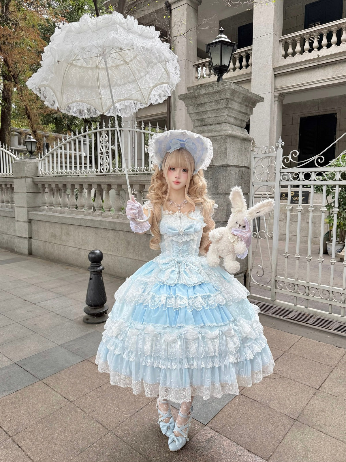 Blue Light Wedding Lolita JSK Dress with BNT Hat & Back Bow