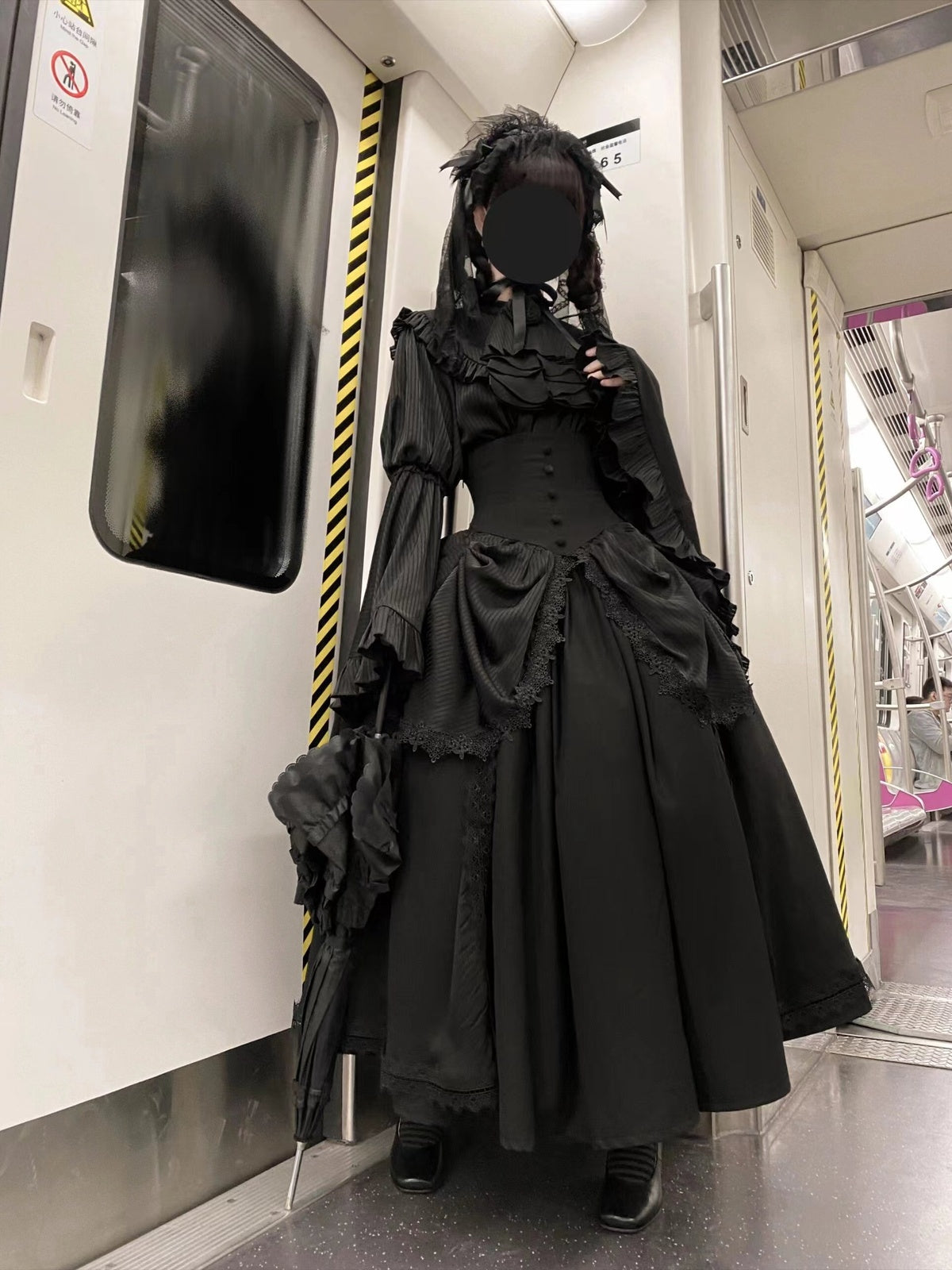 Gothic Black Lolita Skirt Set: Dark Hime Sleeve Blouse & Corset