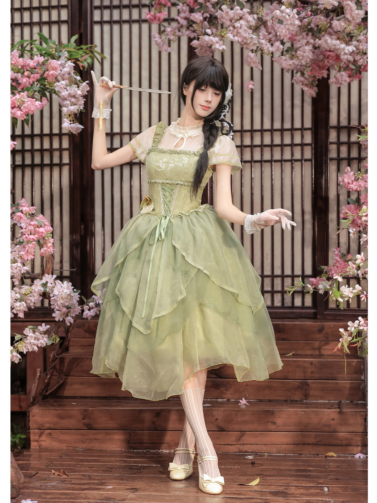 Green Chinese Style Lolita Petal Hem Print OP with Lift-Up Skirt