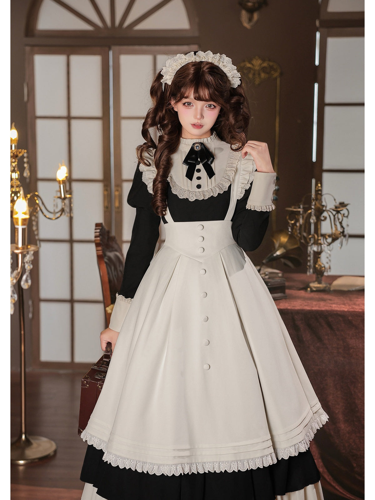 Black Elegant Maid Lolita OP Set with Apron, Necktie & Headband