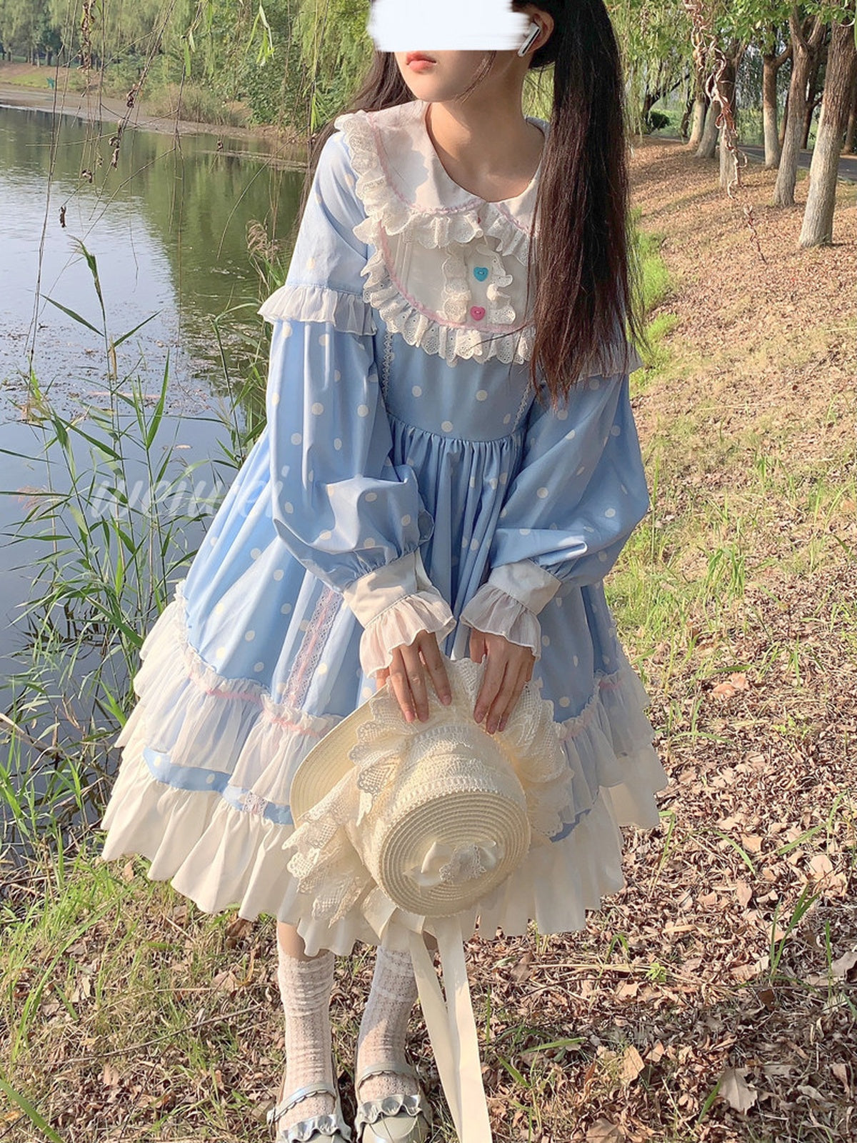 Blue & White Polka Dot Sweet Lolita OP Long Sleeve Dress