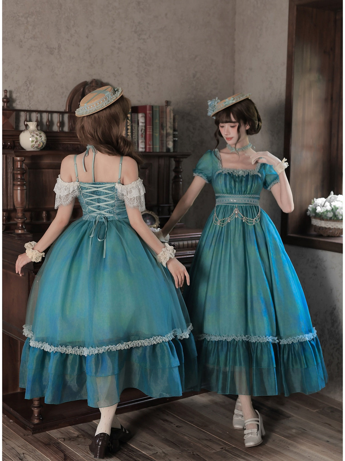 Empire Lolita Long JSK Set with Choker, Flower & Hat