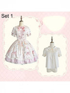 Sweet Lolita OP Dress Set with Puff Sleeves, Bear Print and Floral Embroidery - Treasure House | CoyBunny