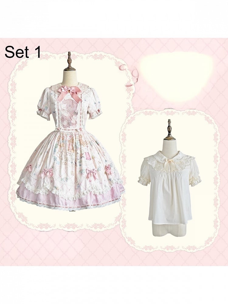 Sweet Lolita OP Dress Set with Puff Sleeves, Bear Print and Floral Embroidery - Treasure House | CoyBunny