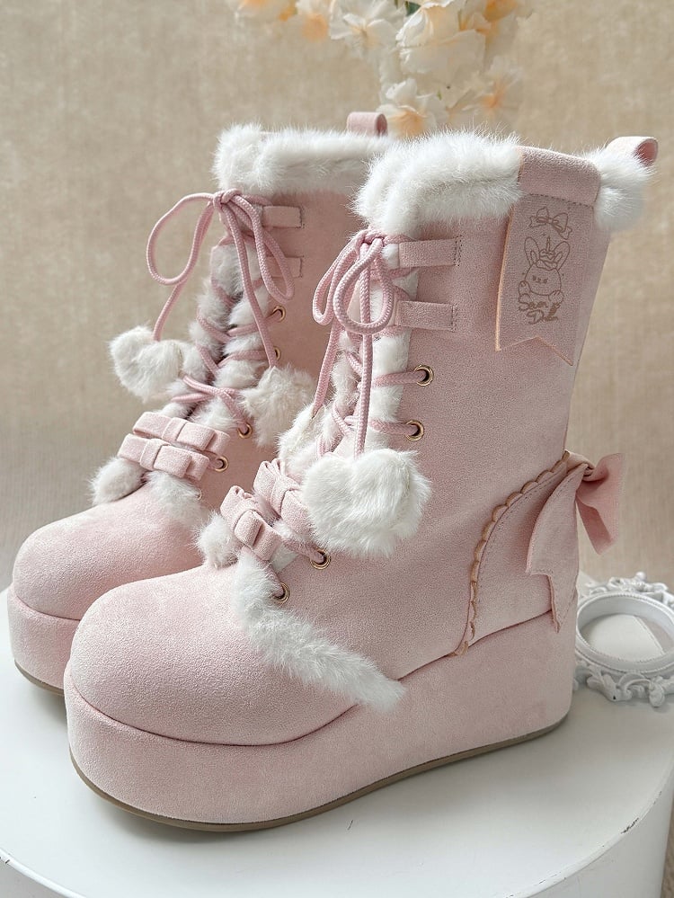 Sweet Lolita Platform Boots Pink Star Heart Bow 4cm Heel | CoyBunny