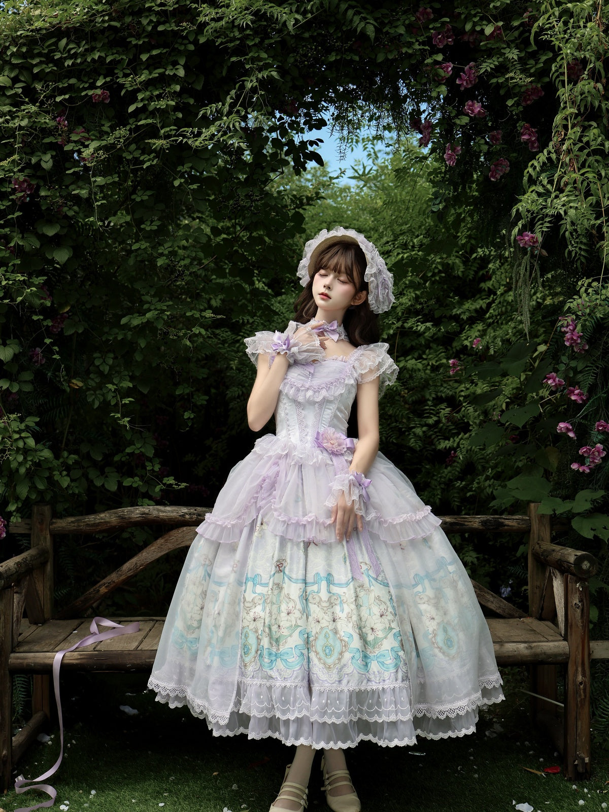 Sweet Mint Purple Lolita JSK Dress Lace Ruffle Floral Print Princess Jumper Skirt