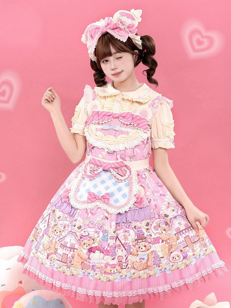 Bear Cake Theme Sweet Lolita OP Dress with Floral Print Skirt & Lace Trim - Mewroco | CoyBunny