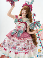 Pink & Green Alice Cat Vibes Sweet Lolita Jumper Skirt with Polka-dot Apron - Mewroco | CoyBunny