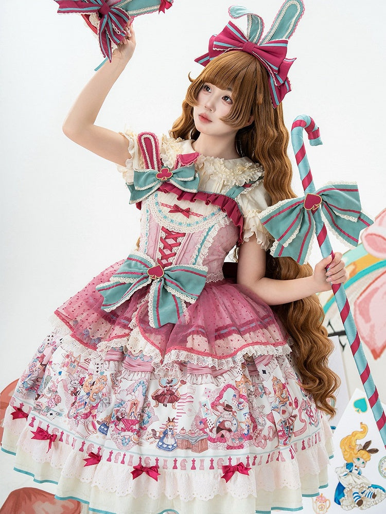 Pink & Green Alice Cat Vibes Sweet Lolita Jumper Skirt with Polka-dot Apron - Mewroco | CoyBunny