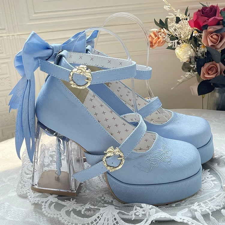 Satin Blue Platform High-Heel Mary Janes with Goldfish Charm - Floating Dream Realm | CoyBunny