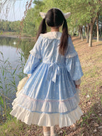Blue & White Polka Dot Sweet Lolita OP Long Sleeve Dress