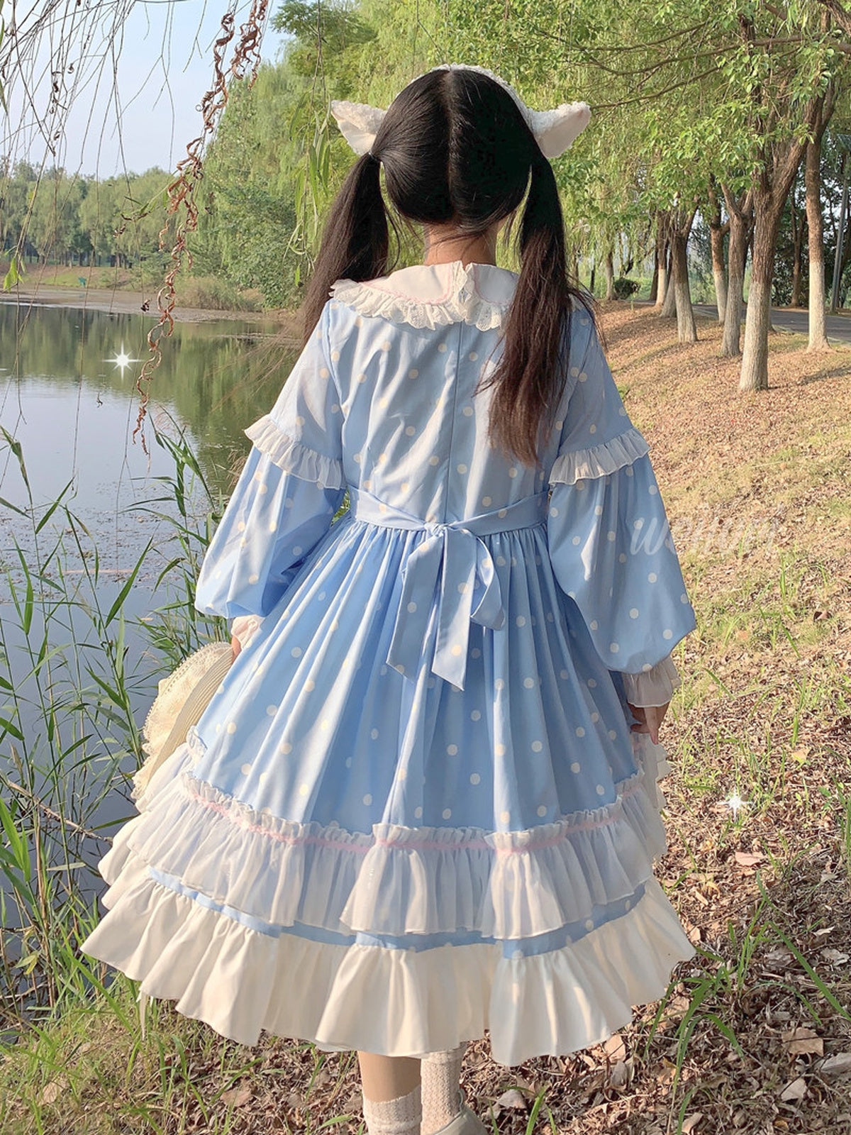 Blue & White Polka Dot Sweet Lolita OP Long Sleeve Dress
