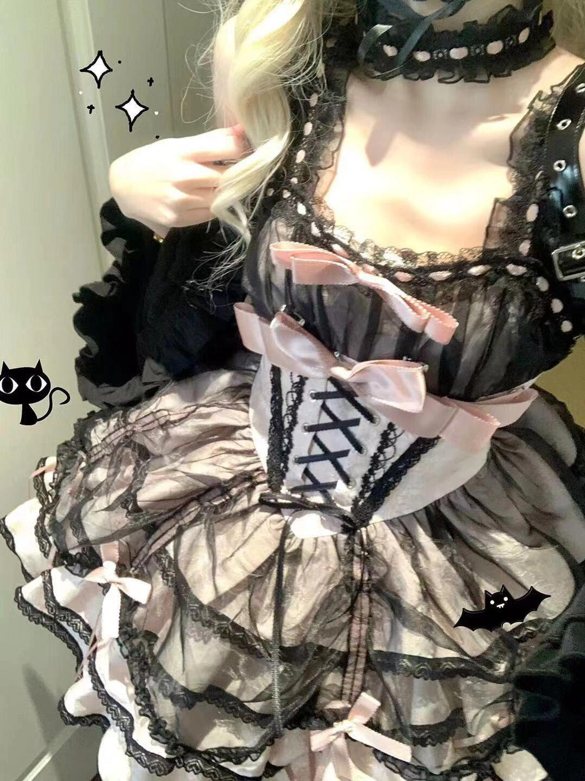 Black & Pink Gothic Lolita JSK Dress: Princess Ballet Gown Set