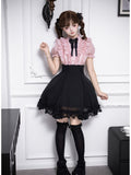 Black Pink Color Block Lolita Short Dress with Rhinestone Necktie