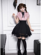 Black Pink Color Block Lolita Short Dress with Rhinestone Necktie