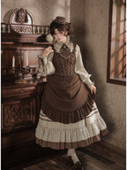 Long Ruffle Lolita OP Set with Corset, Drape & Brooch