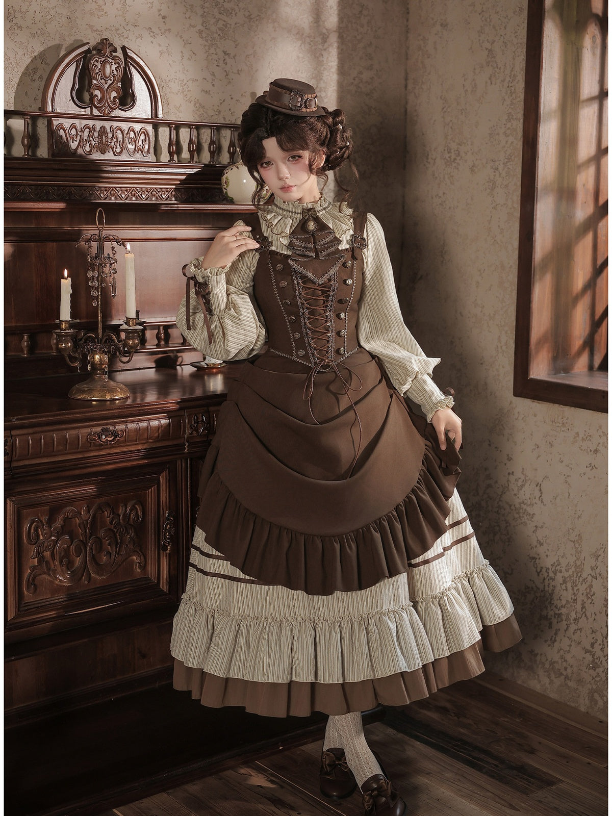 Long Ruffle Lolita OP Set with Corset, Drape & Brooch