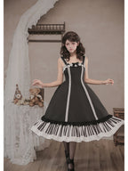 Black Print Lolita JSK Dress with Adjustable Straps & Ruffle Hem