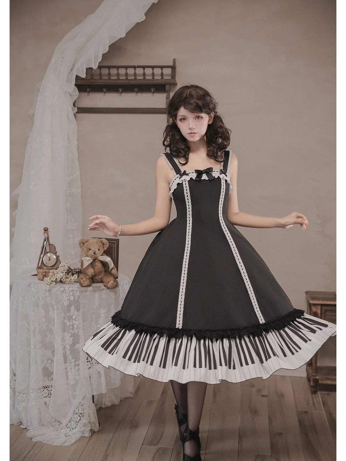 Black Print Lolita JSK Dress with Adjustable Straps & Ruffle Hem
