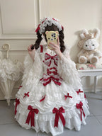 White & Red Doll JSK Lolita Dress with Back Bow & Headband